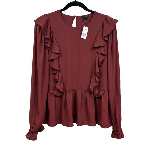 Ann Taylor Womens Blouse Top Ruffled Trim Long Sleeves Keyhole Back Brown Rust S - Picture 1 of 5